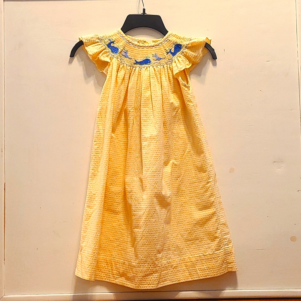 Yellow Seersucker Smocked Dress. Yellow with Blue Whales. Size 5. Like New.
